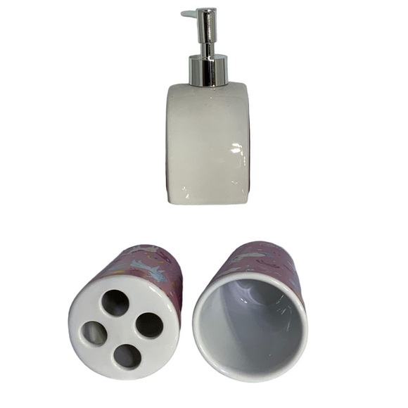 Kids Bath Accessories Unicorn Rainbow Toothbrush Holder Cup Soap Dispenser 3 PC - Picture 4 of 13